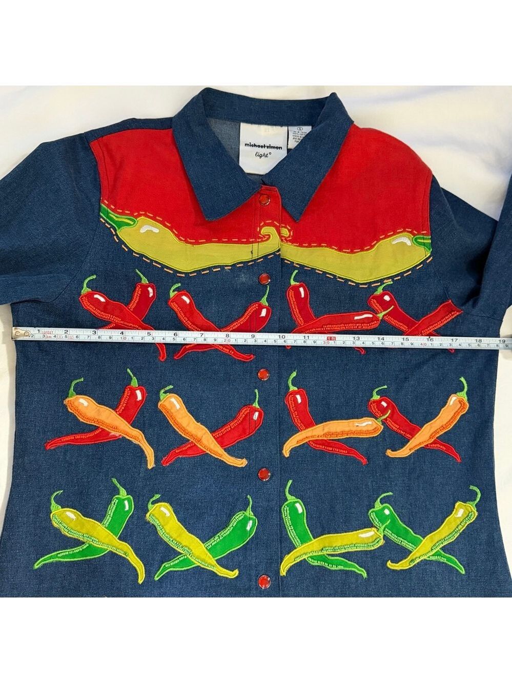 Michael Simon Top Vintage Beaded Chili Peppers Denim Whimsy Shirt Wearable Art - Picture 10 of 14